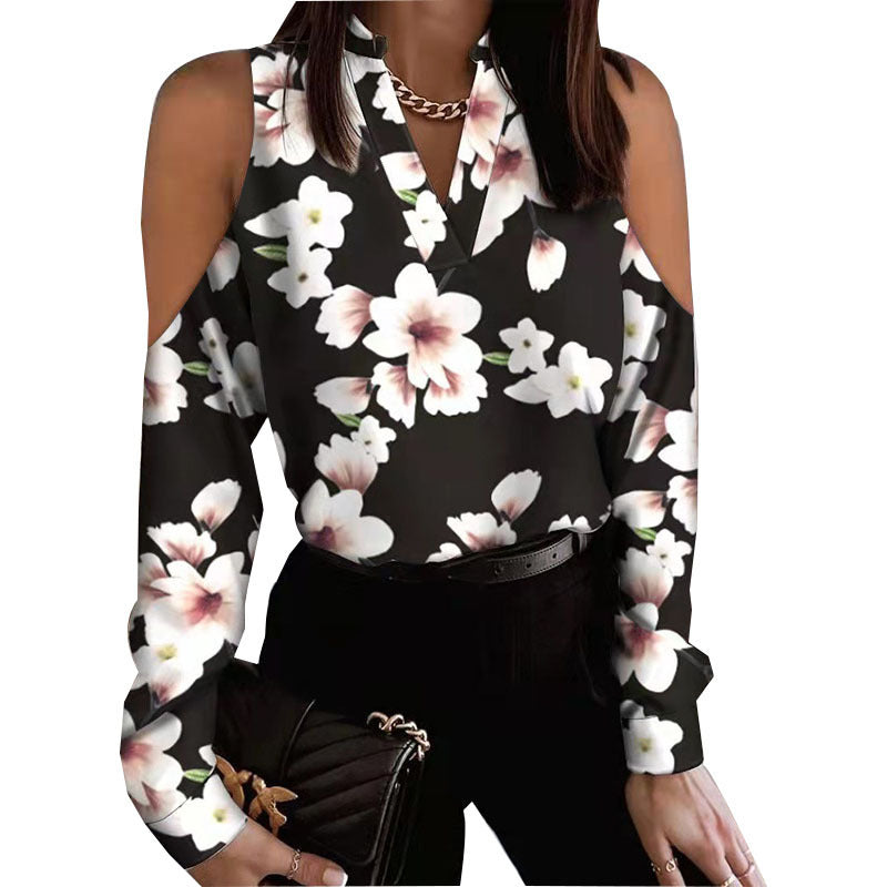 Graceful Long Sleeve Off-the-shoulder Printed Shirt Blouses