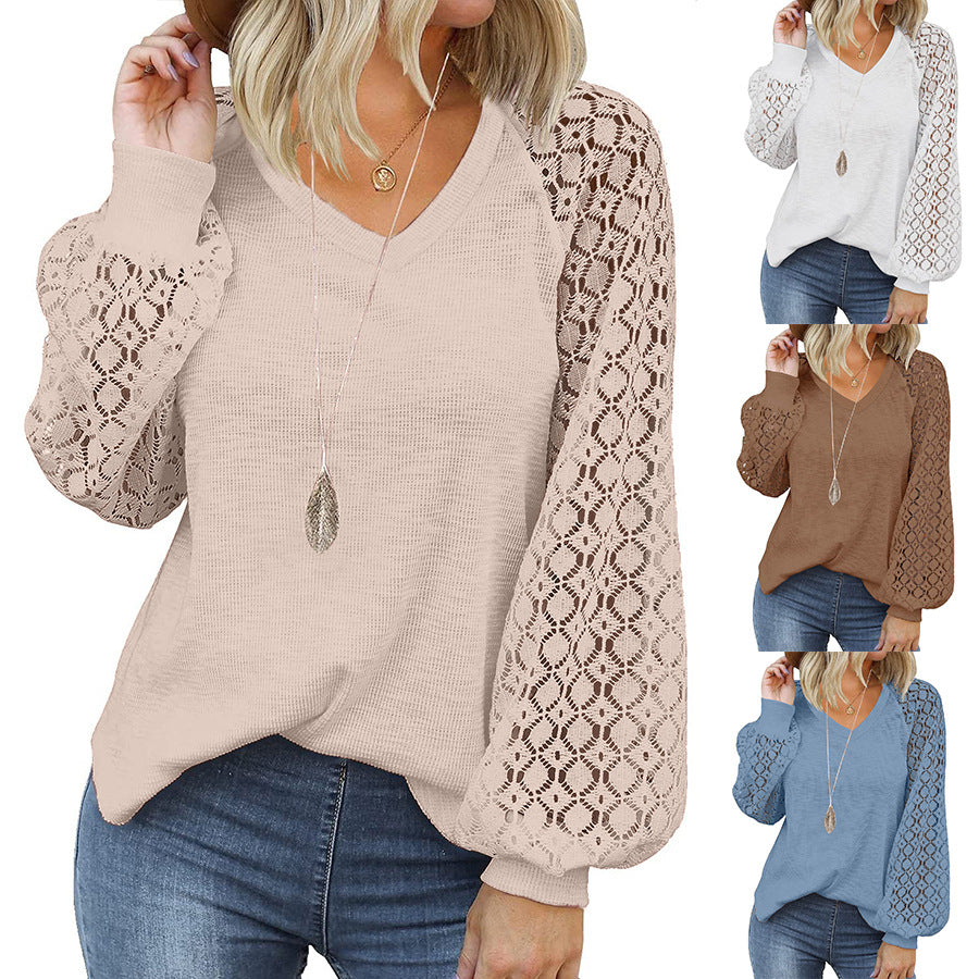 Women's Lace Puff Sleeve V-neck Long Tops