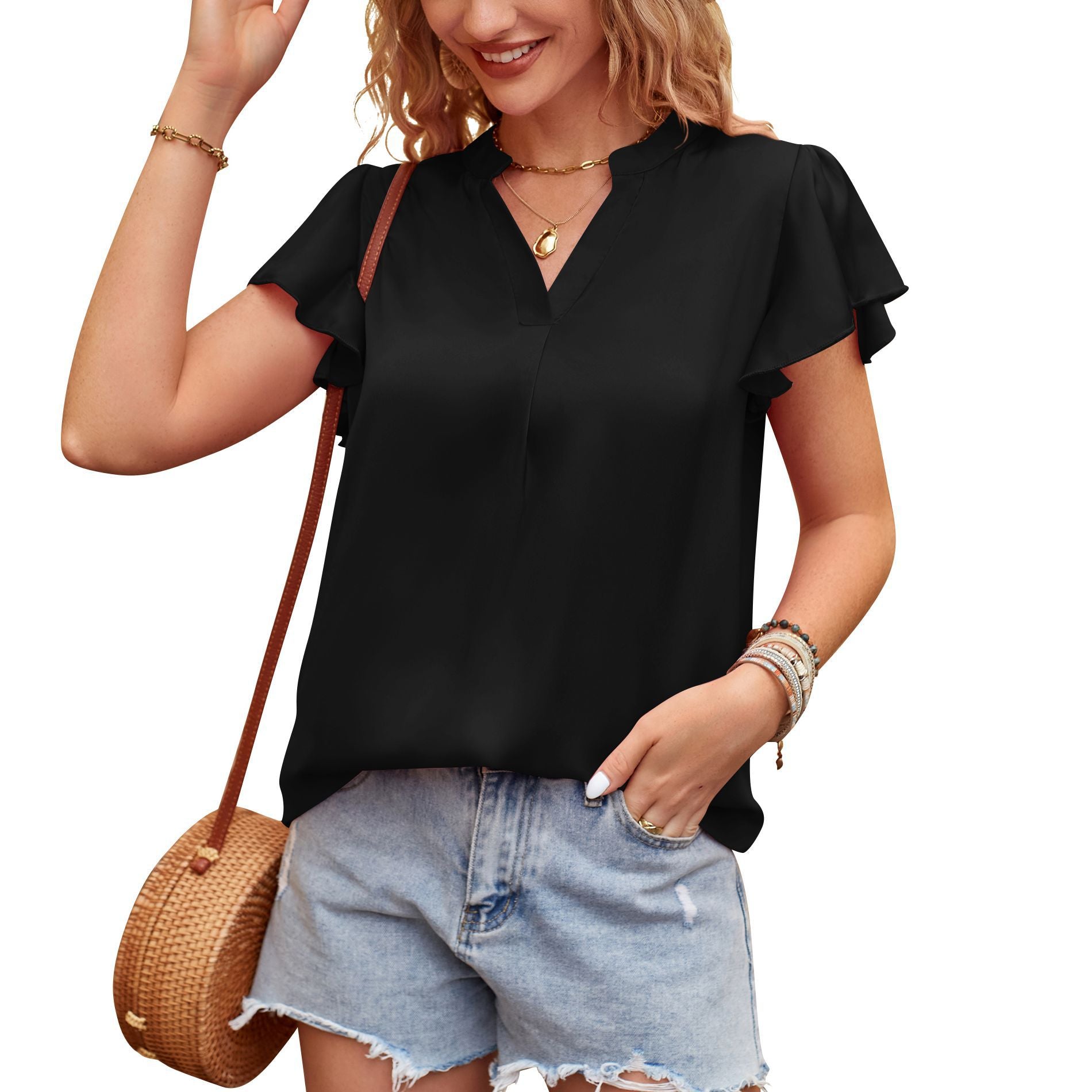 Women's Summer V-neck Short-sleeved Pearlescent Satin Temperament Blouses