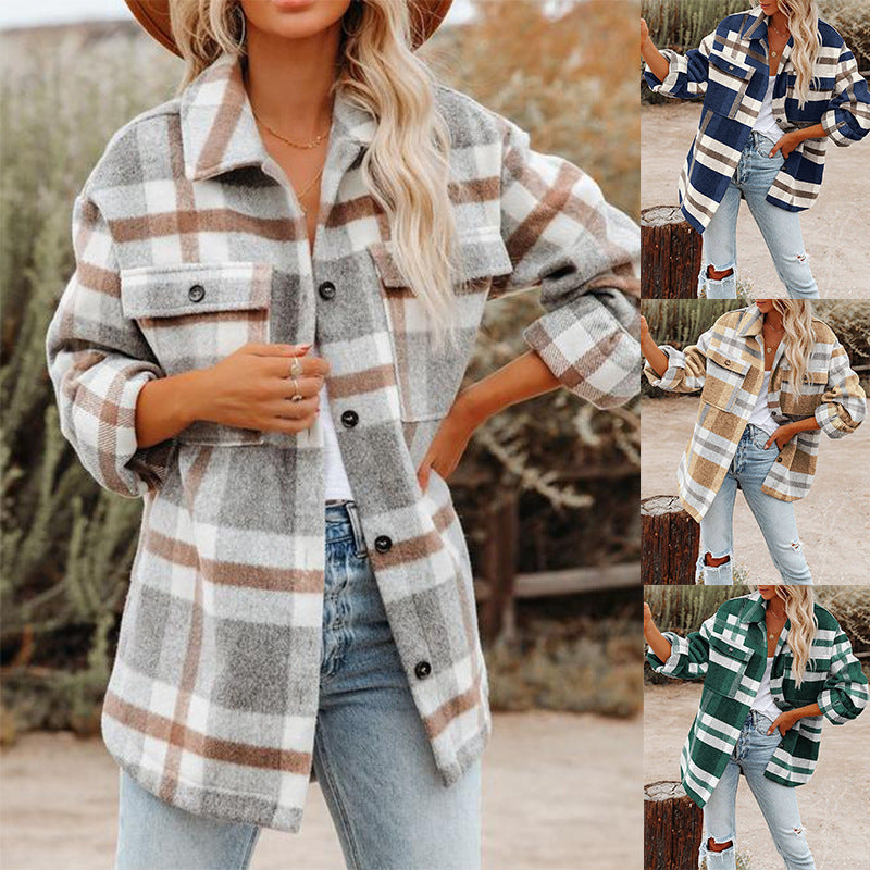 Women's Plaid Button Flannel Woolen Shirt Blouses