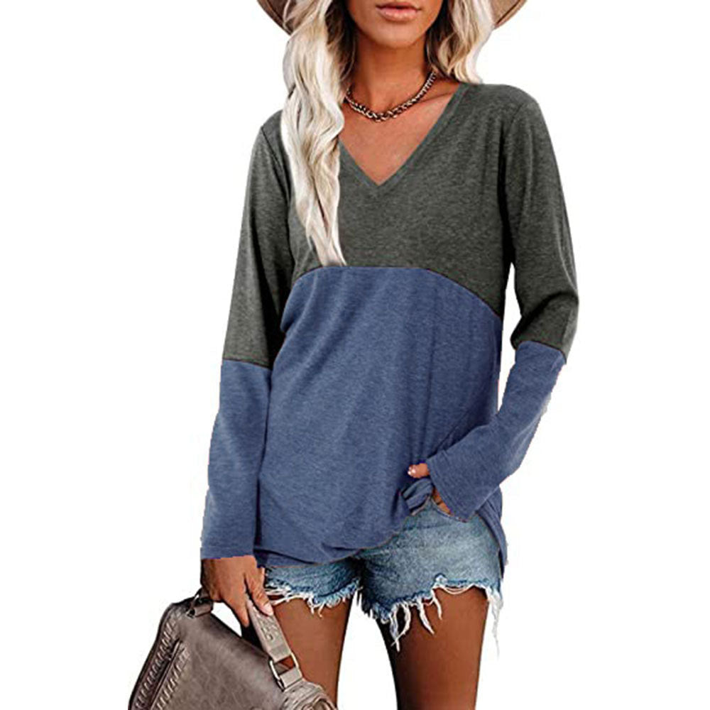 Women's Color Patchwork V-neck Long Sleeve Loose-fitting Blouses