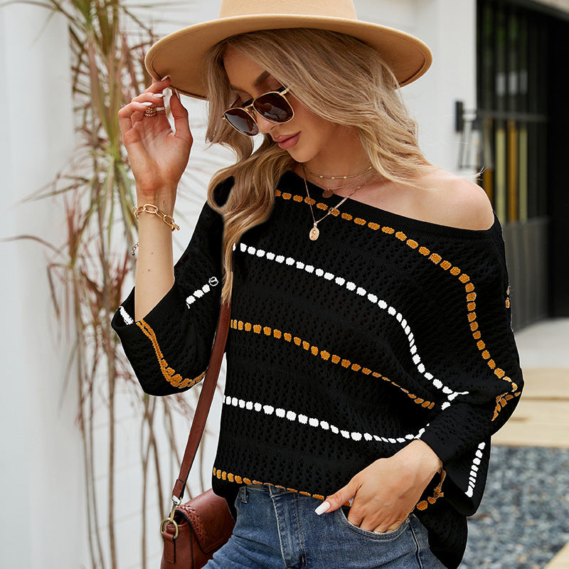 Women's Loose Temperament Striped 3/4 Sleeve Off-neck Sweaters