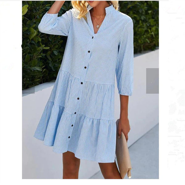 Women's Spring Half Sleeve Plaid Stand Collar Dresses