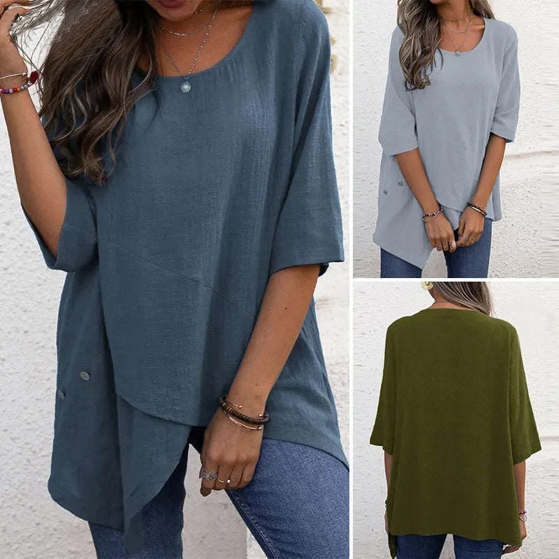 Women's Cotton Linen Irregular Shirt Half Sleeve Blouses