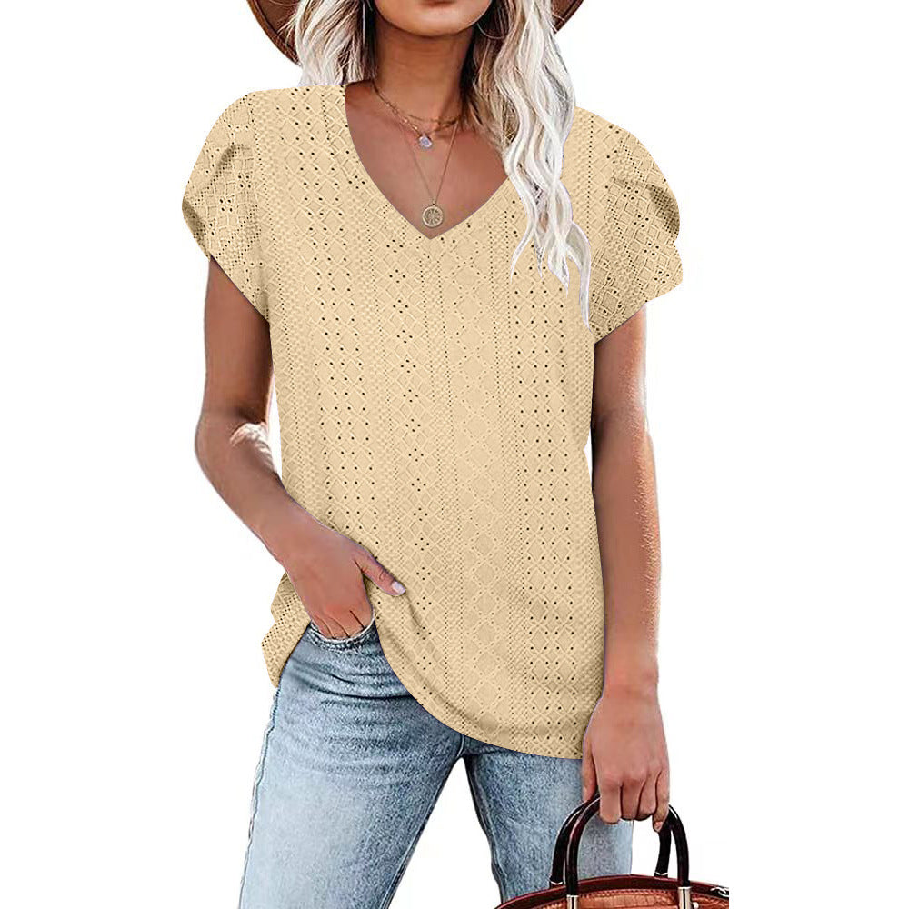 Women's Solid Color V-neck Tile Sleeve Loose Blouses