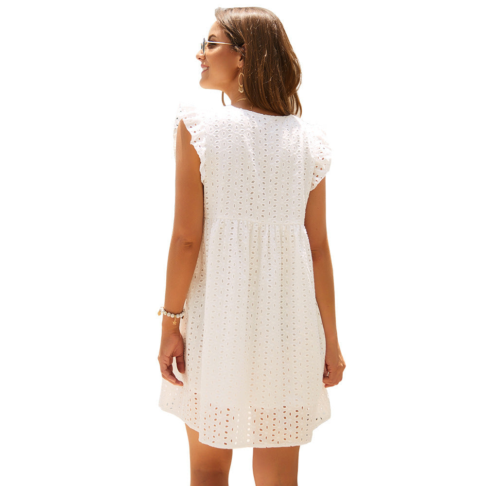 Robe crochetée ajourée élégante à col en v pour femmes, robes simples