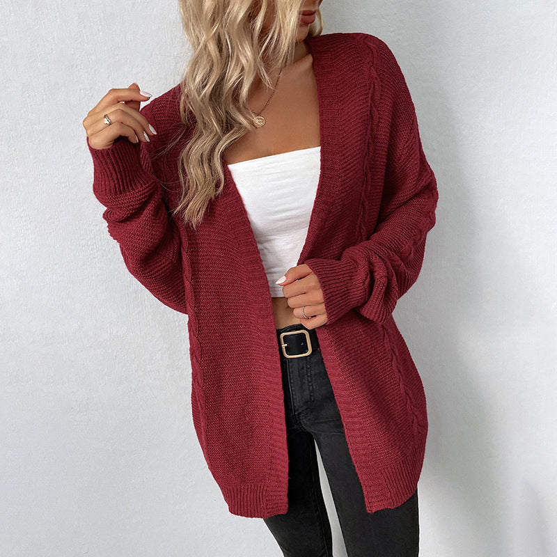 Women's Solid Color Pocket Knitted Retro Twist Coats