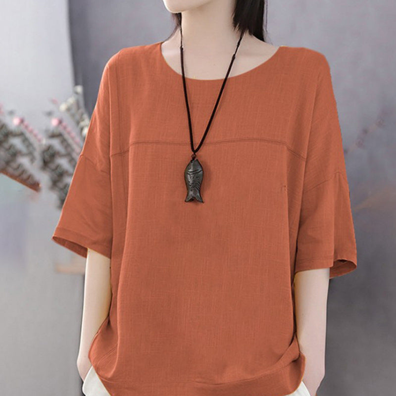 Women's Casual Short-sleeved Cotton And Linen Loose Bottoming Blouses