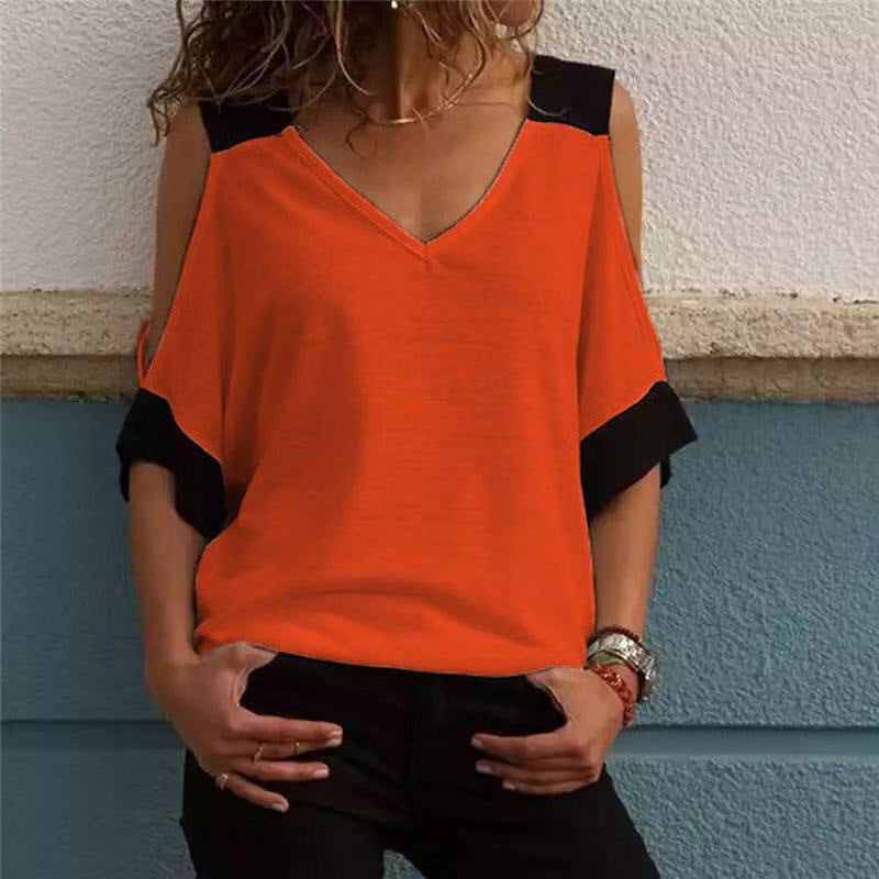 Summer Stitching Color Off-the-shoulder V-neck Sleeve Blouses