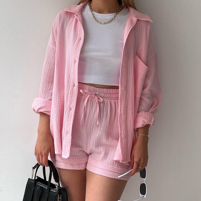 Women's Lapel Long Sleeve Shirt High Waist Shorts