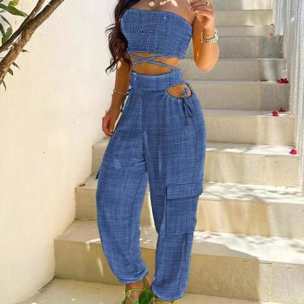 Overalls Pocket Denim Blue Smocking Midriff Suits