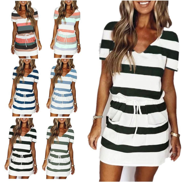 Women's Elegant Striped V-neck Drawstring Sleeve Dresses