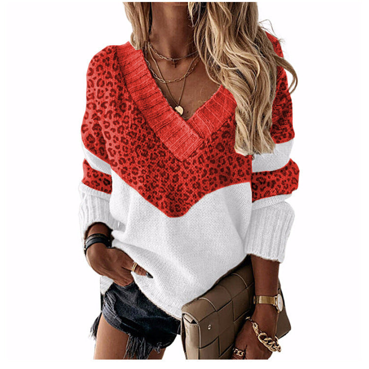 Mixed Color Stripe Leopard Print Pullover Sweaters