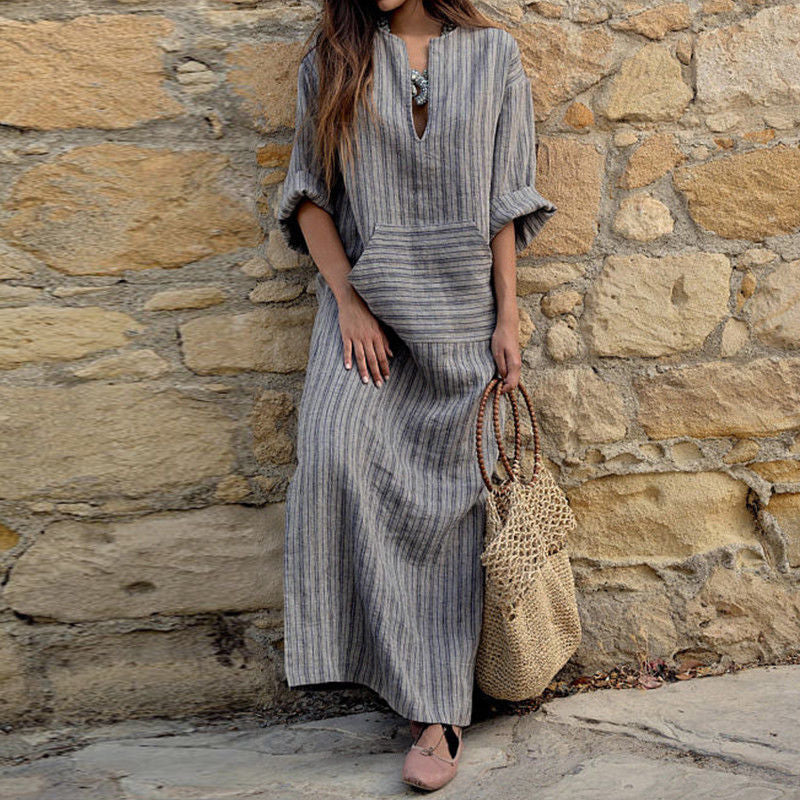 Cotton Linen Striped Loose Long Dress Dresses