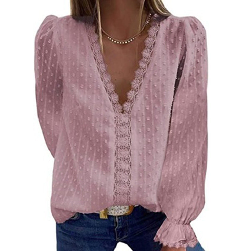 Deep V-neck Embroidered Ruffled Sleeves Front Blouses