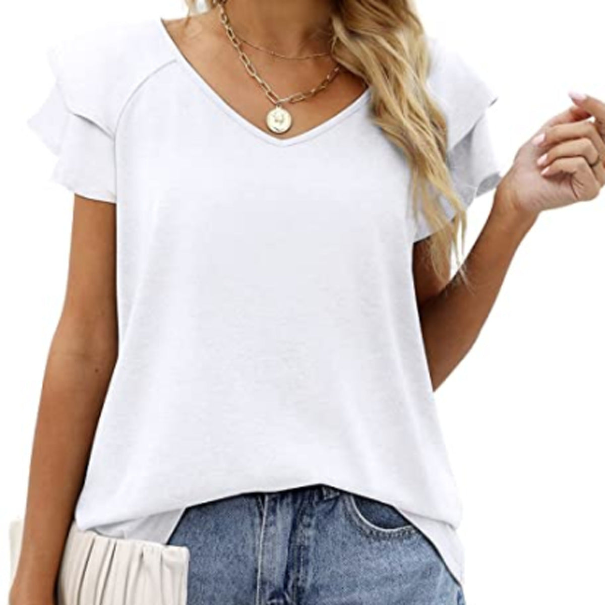 Women's V-neck Double Layer Ruffled Sleeve Blouses