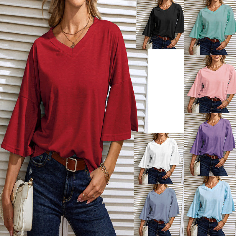 Women's Solid Color V-neck Bell Sleeve Loose-fitting Blouses