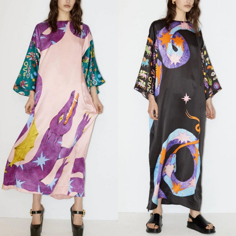 Retro Casual Loose Silk Long Sleeve Dresses