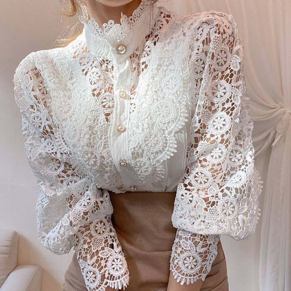 Women's Fashion Hollowed-out Lace Ruffled Half Turtleneck Blouses