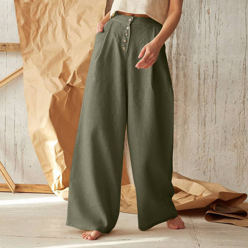 Women's Color High Waist Casual Button Cotton Linen Wide Pants
