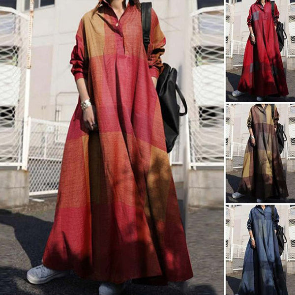 Fashion Cotton Linen Retro Printed Loose Long Dresses