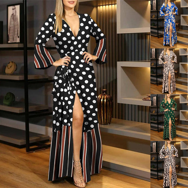 Women's Long Sleeve Tied V-neck Printed Dress Dresses