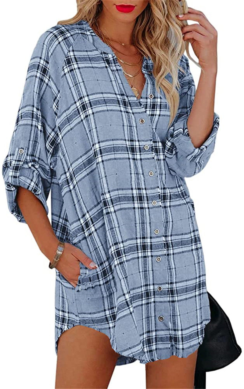 Women's Shirt Plaid Printed V-neck Long Sleeve Blouses