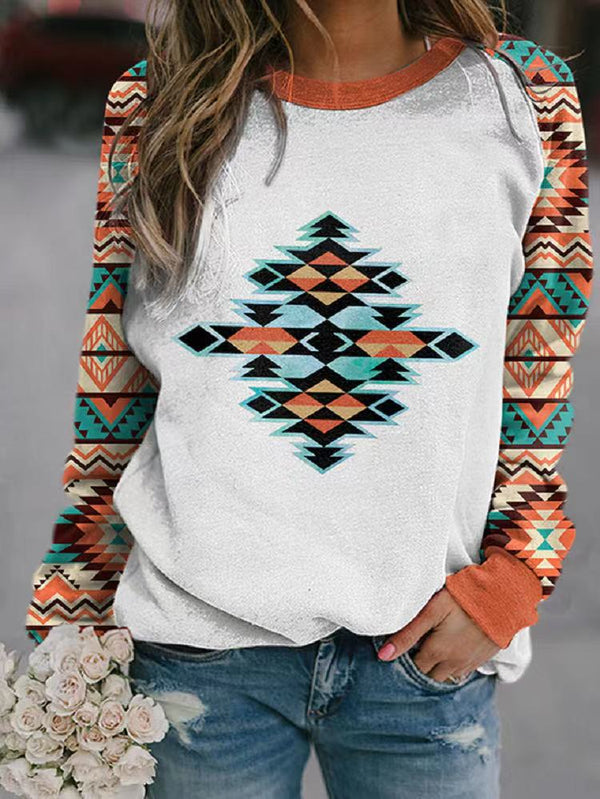 Women's Printed Geometric Pattern Round Neck Long Sweaters