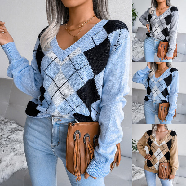 Classic Women's Comfortable College Rhombus Casual Sweaters