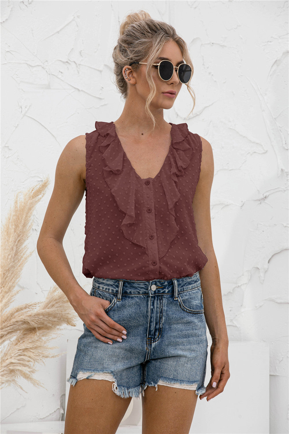 Sexy V-neck Ruffled Spaghetti Straps Button Blouses