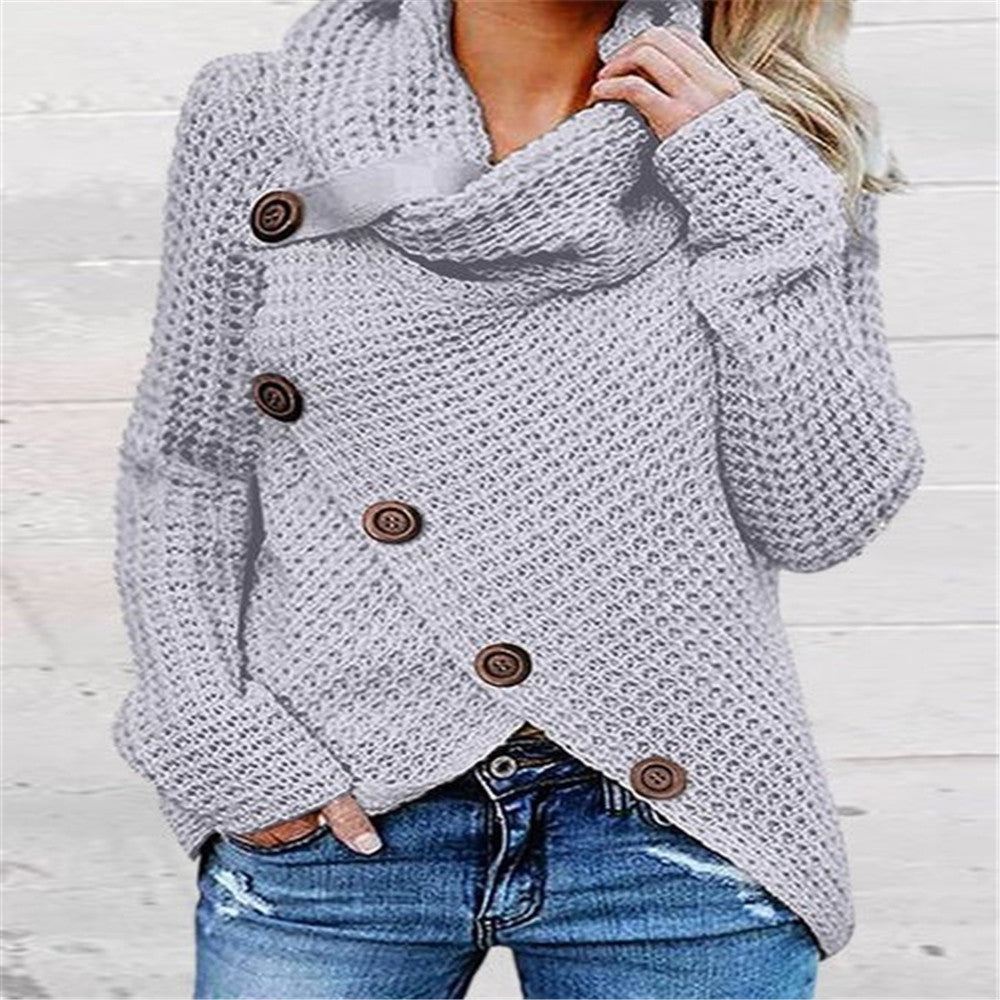 Pull à col roulé boutonné pour femme couleur unie à manches longues