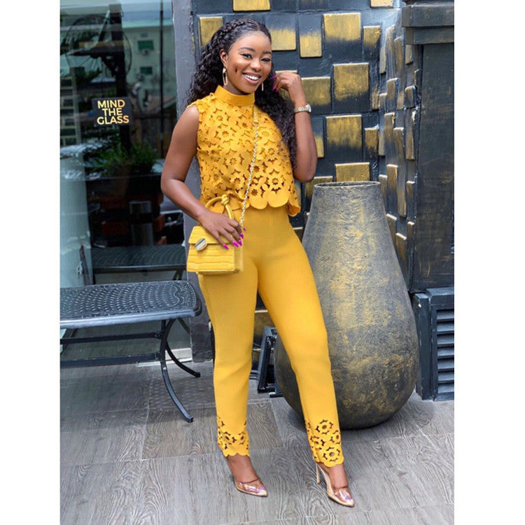 Women's Elegance Sleeveless Hollow Yellow Two-piece Set Suits