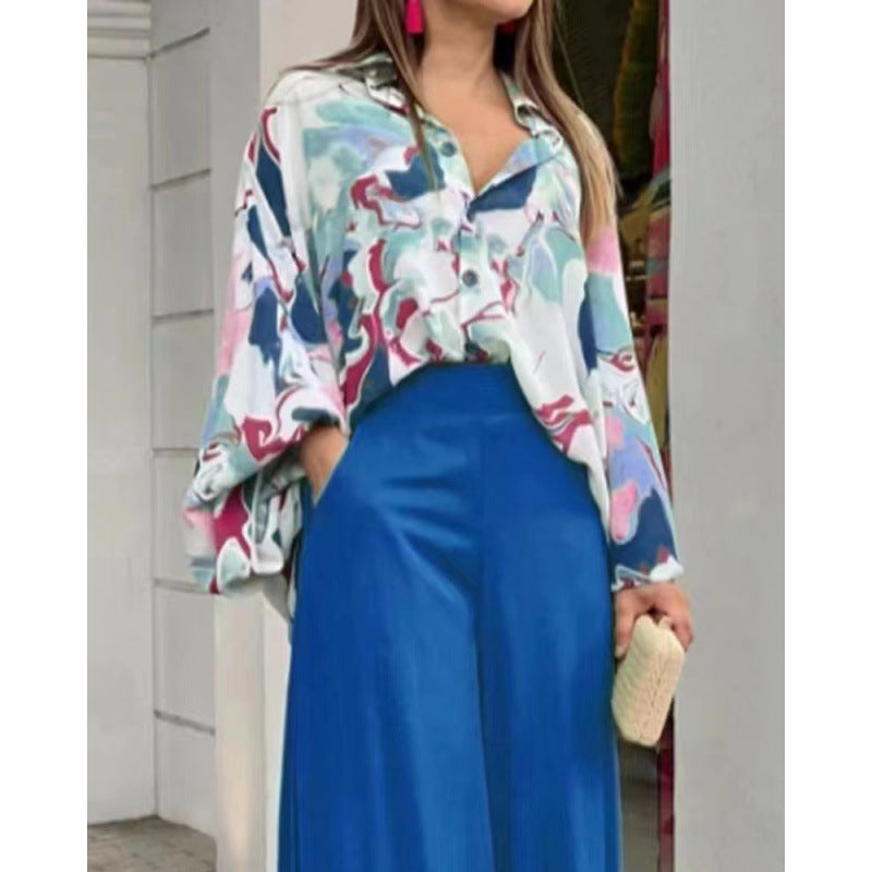 Women's Printed Mid-length Long-sleeved Lapel Shirt Suits