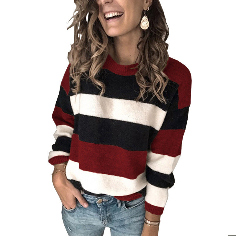 Women's Large Contrast Color Striped Pullover Loose Sweaters