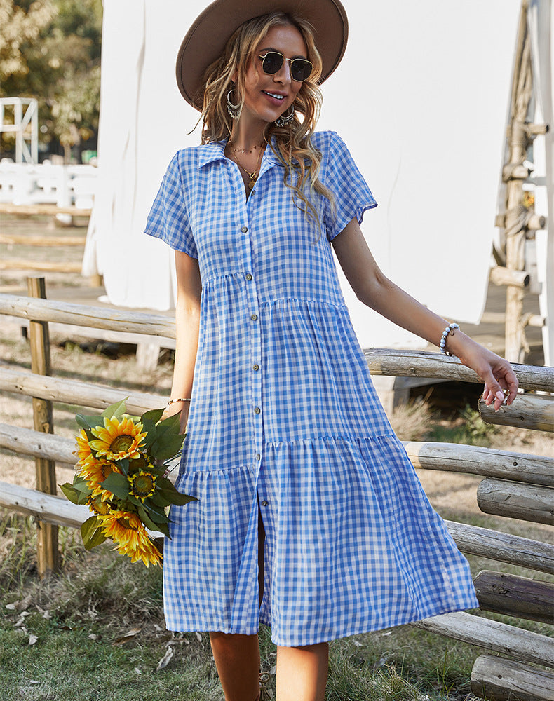 Robe d'été à carreaux pour femmes, col chemise, robes décontractées