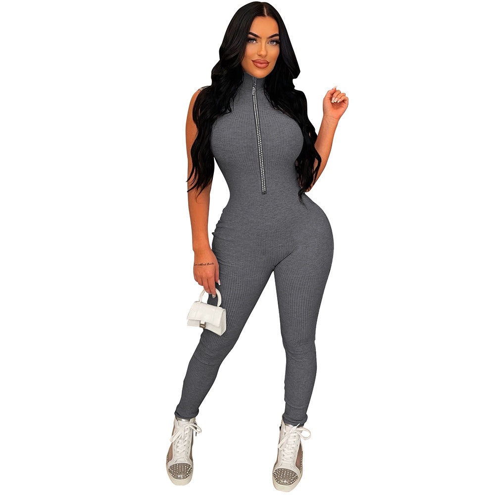 Women's Weimeizi Wear Solid Color Brick Zipper Jumpsuits