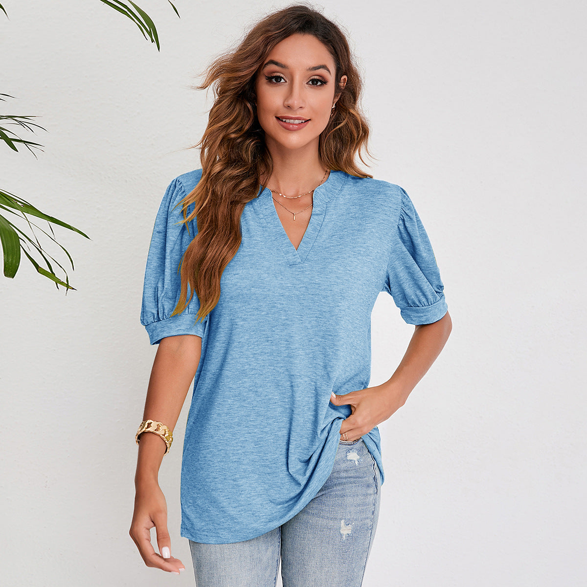 Women's Summer Casual V-neck Solid Color Puff Sleeve Loose Tops