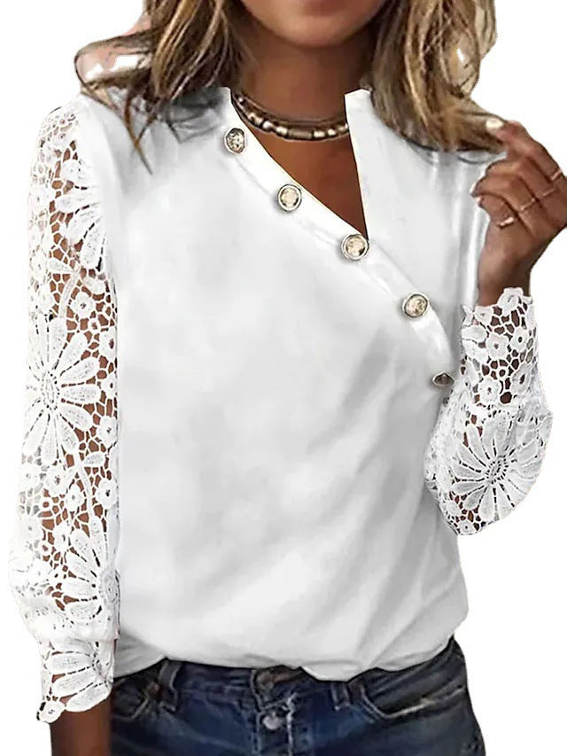 Women's Sleeve Collar Decorated With Buttons Flower Blouses