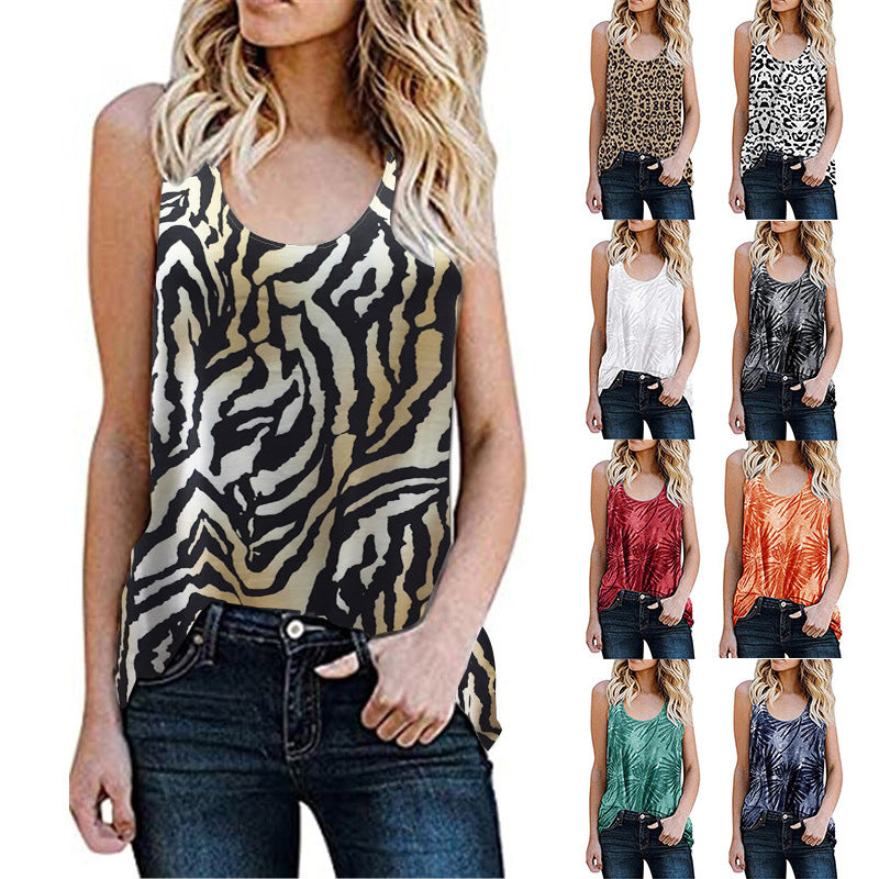 Women's Summer Casual Sleeveless Round Neck Leopard Print Floral Out Blouses