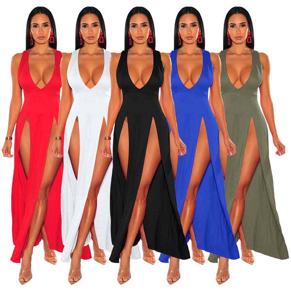 Women's Summer Long Deep V Split Multi-color Dresses