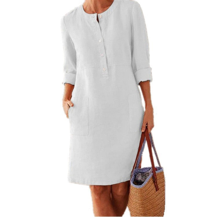 Women's Charming Spring Linen Round-neck Long-sleeved Dresses