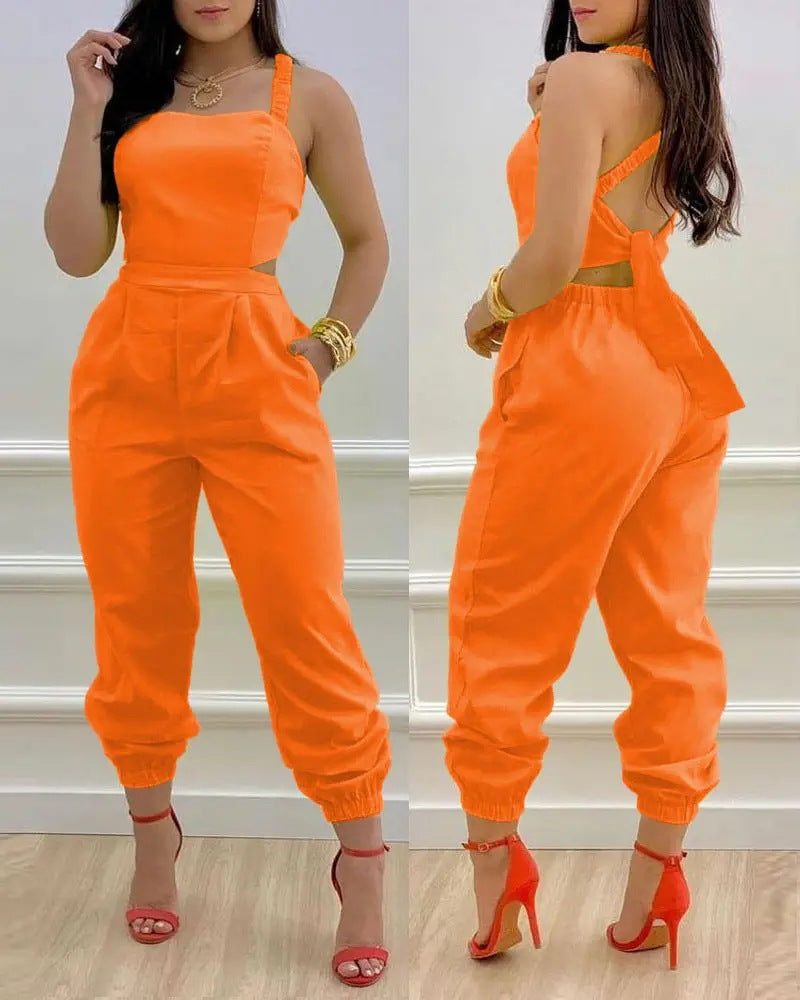 Women's Backless Bow Printed High Waist Suspenders Jumpsuits