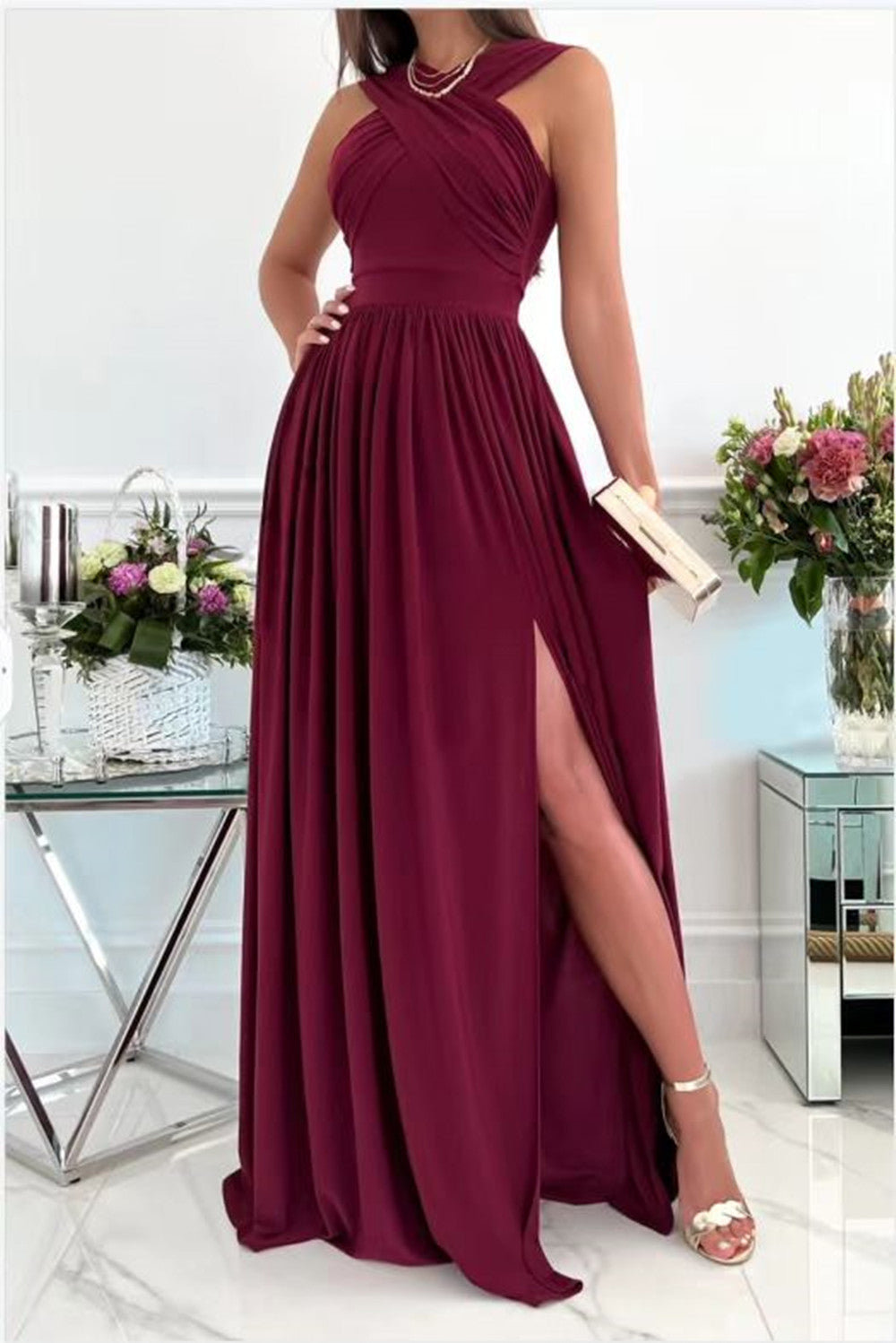 Women's Sleeveless Halter Backless Slit Hemline At Dresses