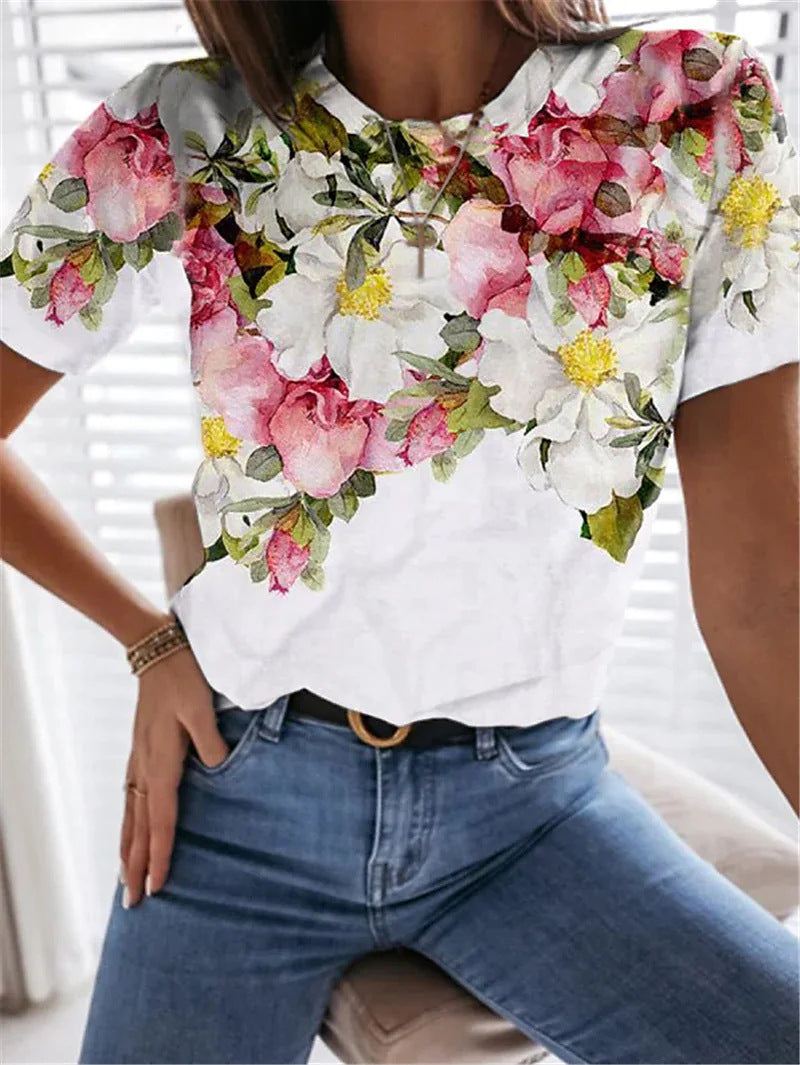 Women's Creative Printed Short-sleeved Round Neck Blouses