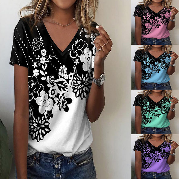 Women's Casual Flower Printed V-neck Short-sleeved Blouses