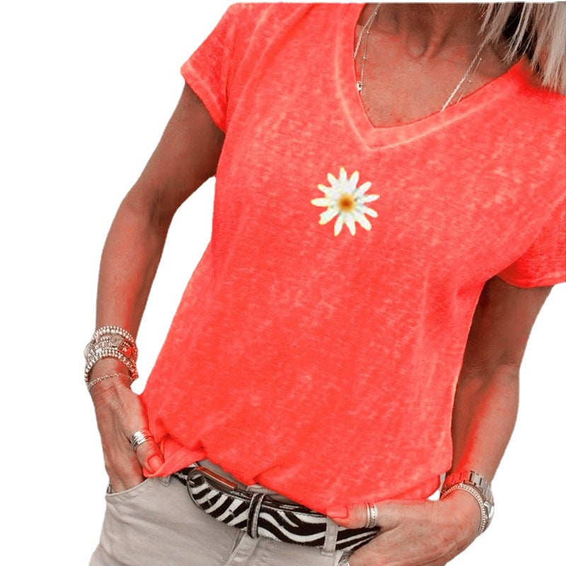 Women's V-neck Little Daisy Knitted Short-sleeved T-shirts Blouses