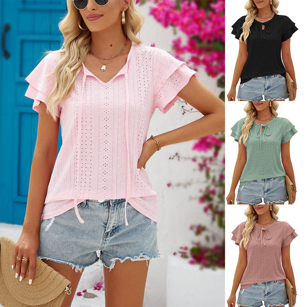 Women's Summer Hole Hollow-out Lace-up Double-layer Sleeve Blouses