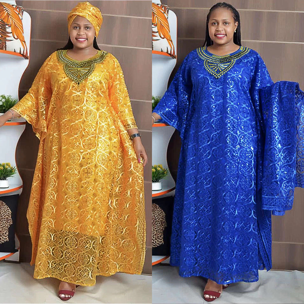 Women's African Wear Embroidered Loose Batwing Sleeve Robe Dresses