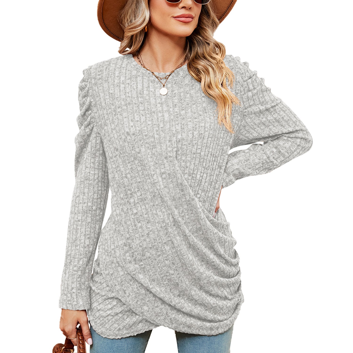 Women's Color Round Neck Twist Long Sleeve Blouses