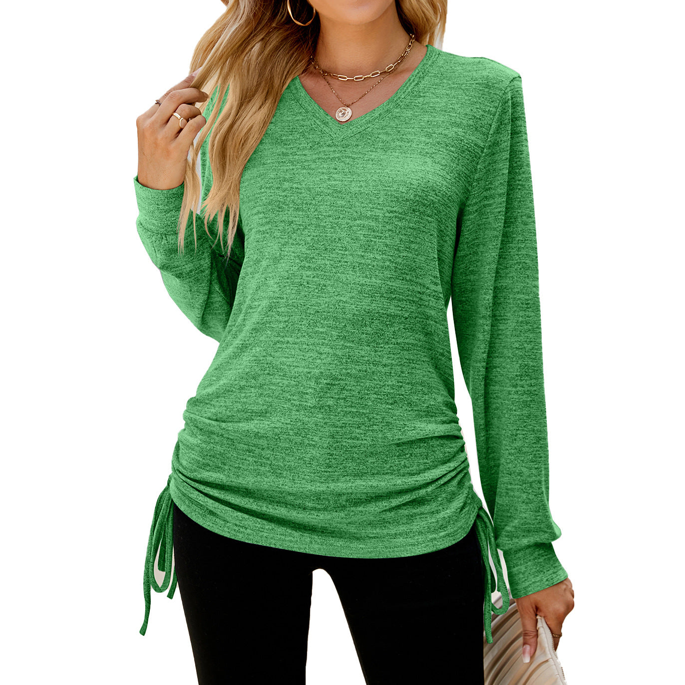 Color Long Sleeve V-neck Pleating Loose-fitting Ladies Blouses